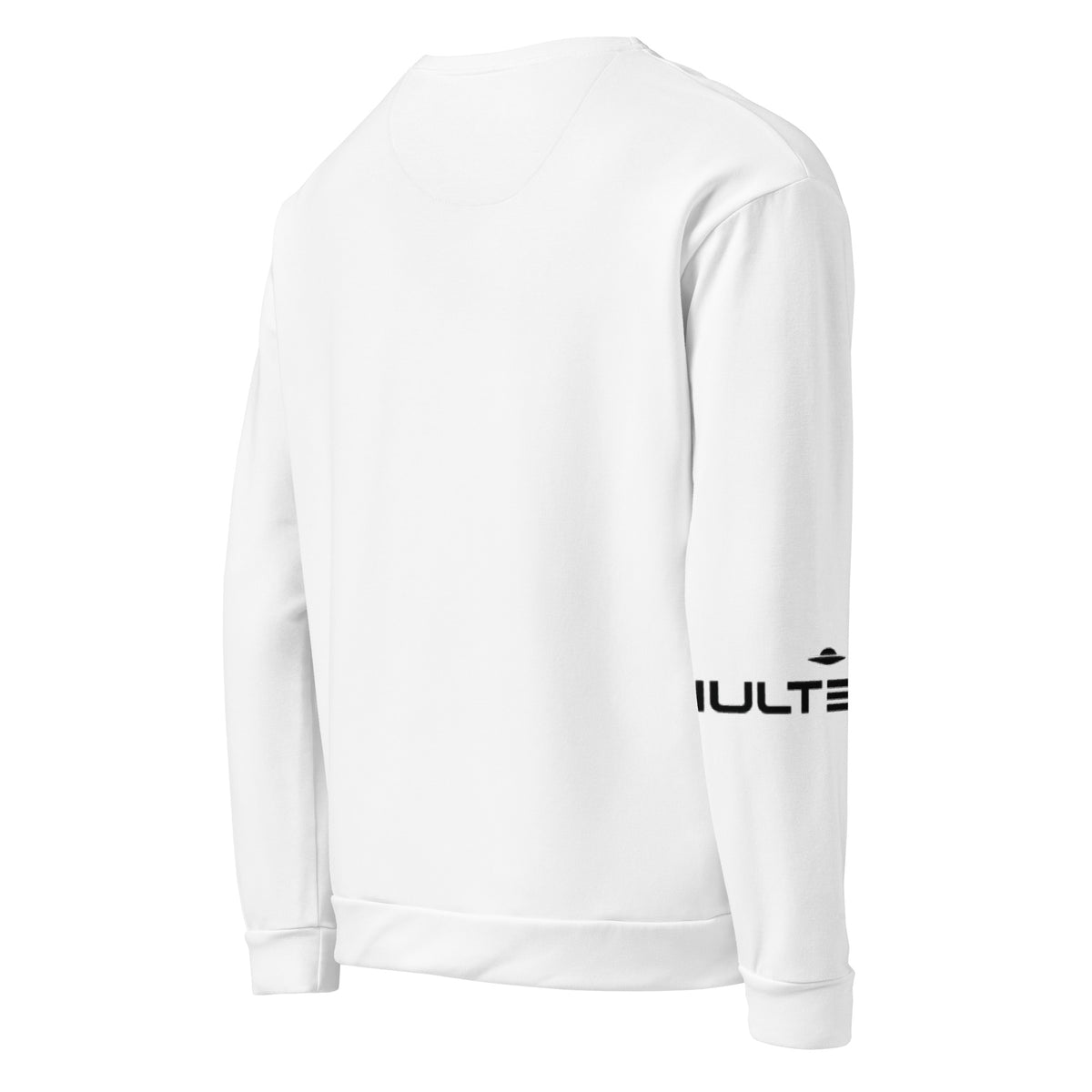Nulterra The Encounter white sweatshirt, rear view showing a plain back and black logo on the right sleeve.