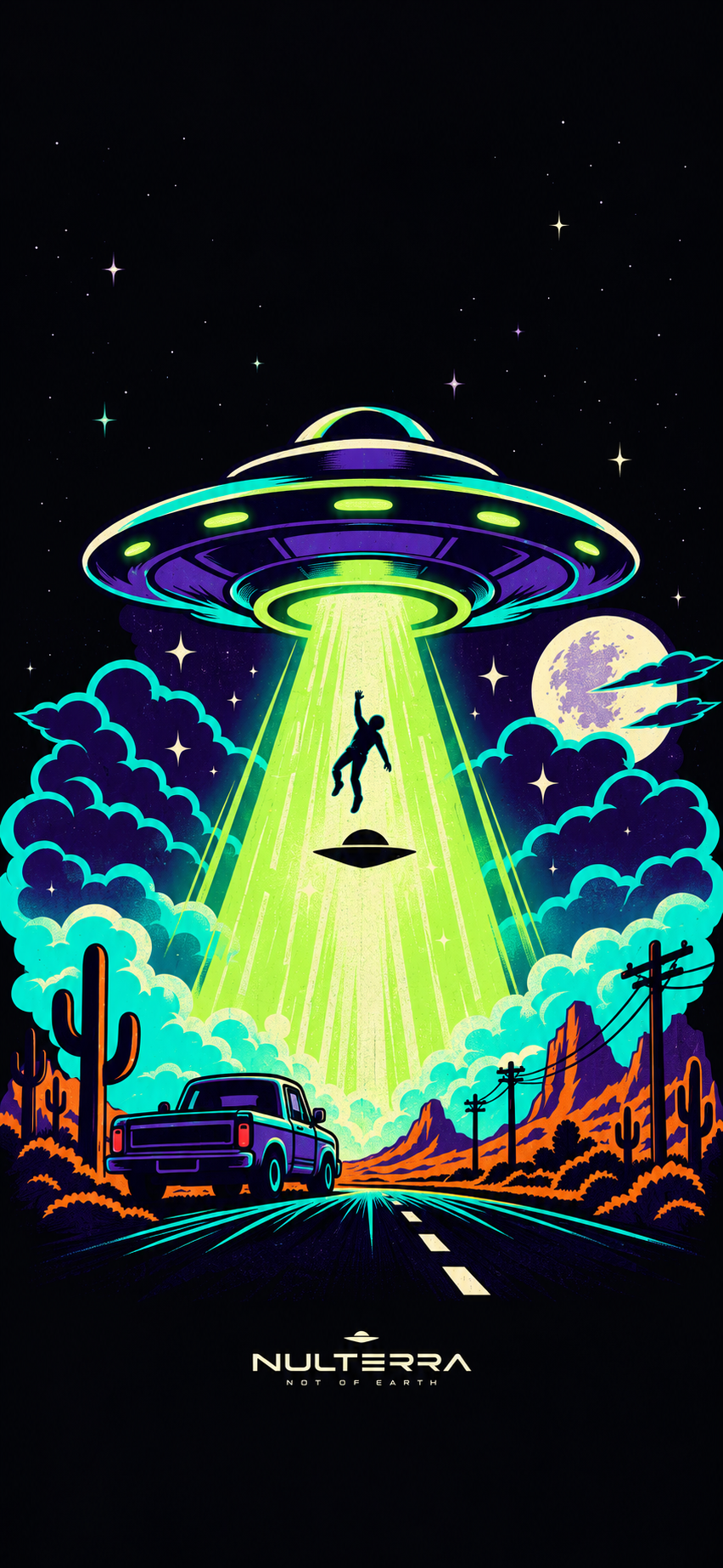 Desert Abduction artwork with a lime UFO beam above a pickup truck on a desert road.