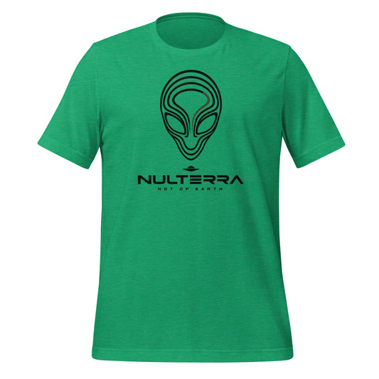 Heather Kelly green Alien Echo T-shirt with a black line-art alien face and NULTERRA wordmark, front view.