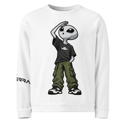 Nulterra Skywatcher white sweatshirt, front view of a grey alien in a black T-shirt and green cargo trousers looking skyward.