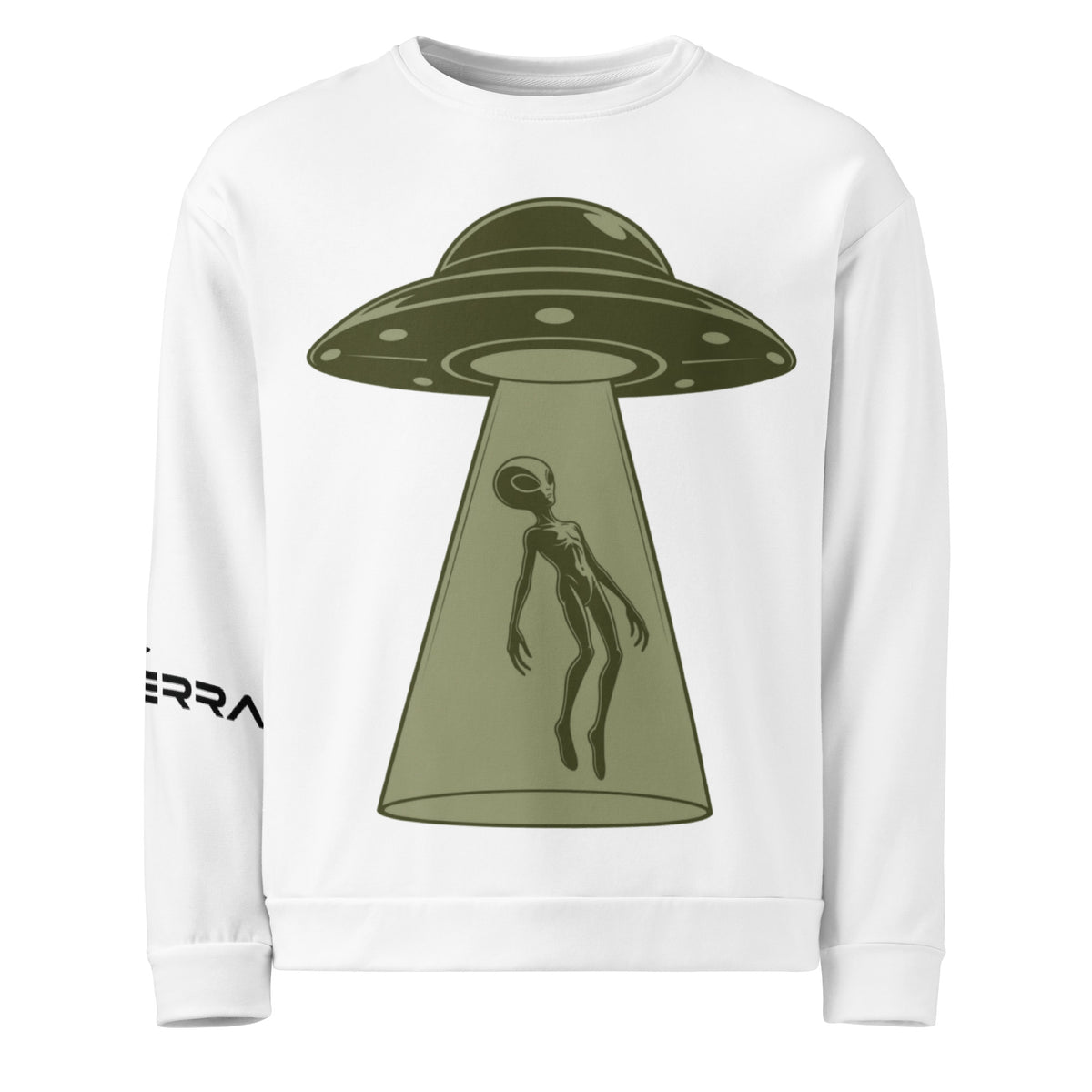 Nulterra The Encounter white sweatshirt, front view with an olive-green UFO and an alien in its light beam.
