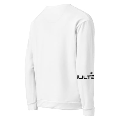 Nulterra Skywatcher white sweatshirt, rear view showing the plain back and black Nulterra logo on the right sleeve.