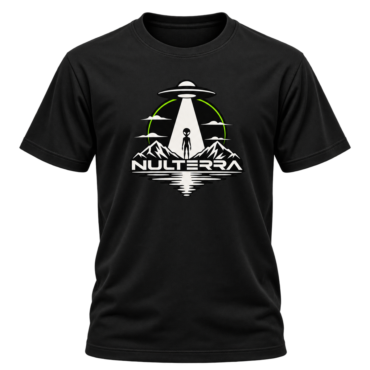 Close-up of the illustration printed on Nulterra Alien Contact T-Shirt.
