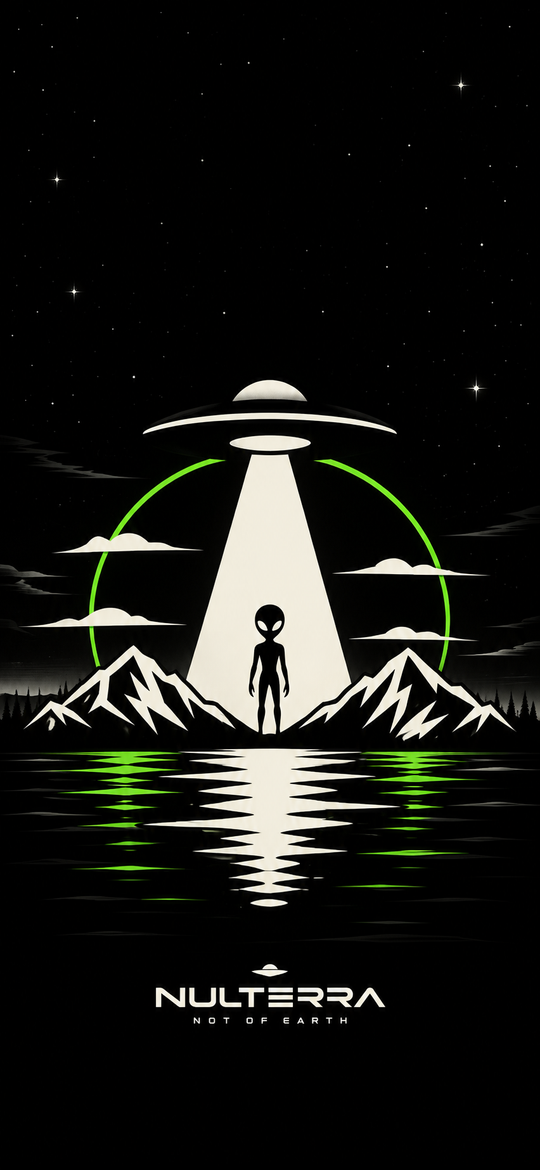 Nulterra Alien Contact phone wallpaper with an ivory UFO beam, alien silhouette, mountains and lime reflections on black.