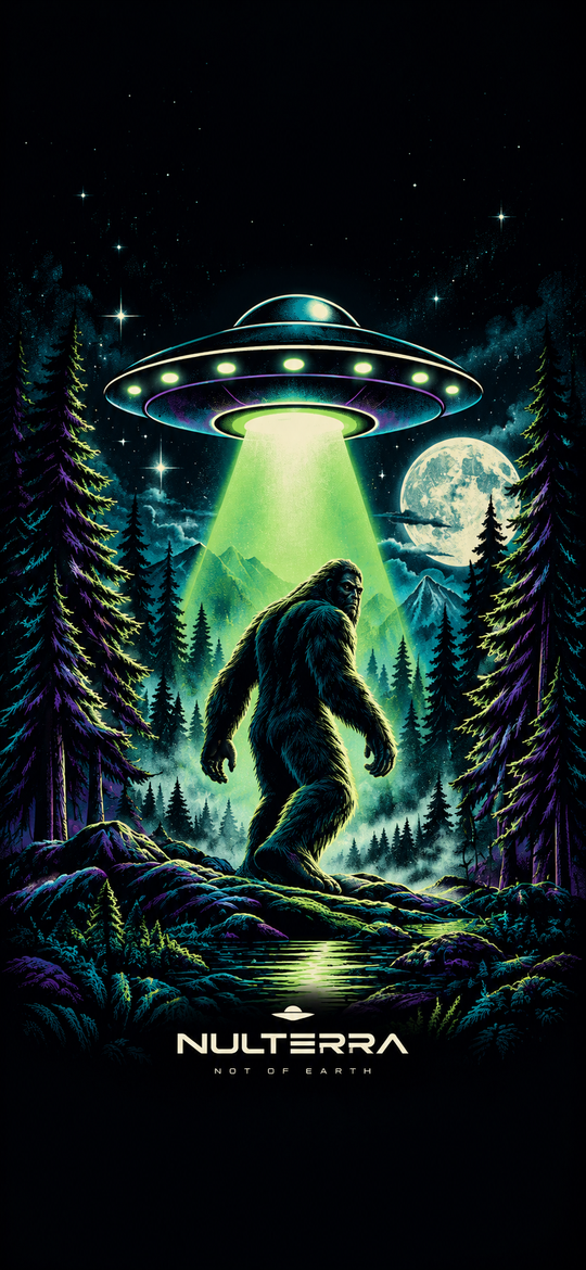 Nulterra Bigfoot Encounter phone wallpaper with Bigfoot beneath a glowing UFO in a moonlit forest.