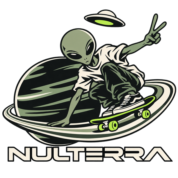 Nulterra Cosmic Skater concept: an alien skateboarding around a ringed planet