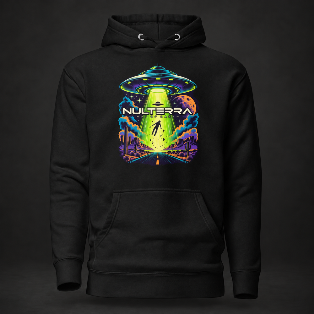 Nulterra Desert Abduction Alien UFO Hoodie on a dark background.