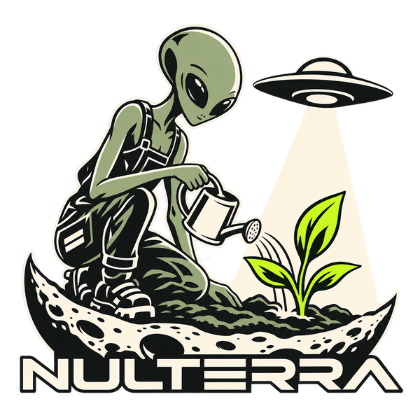 Nulterra Lunar Gardener concept: an alien watering a plant beneath a UFO