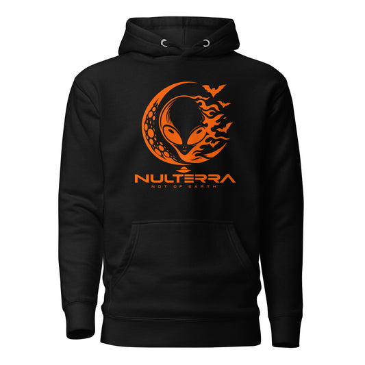 Alien After Dark black Halloween hoodie with orange alien graphic
