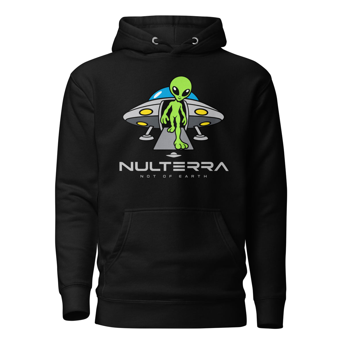 The Arrival Alien Hoodie in black featuring a green alien stepping out of a UFO – Nulterra