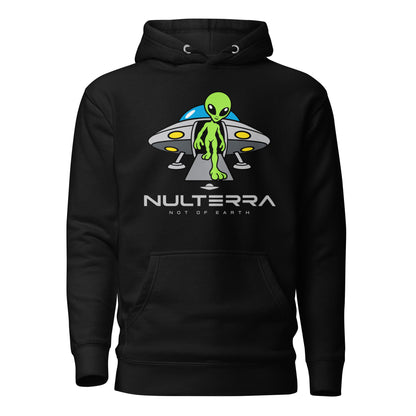 The Arrival Alien Hoodie in black featuring a green alien stepping out of a UFO – Nulterra