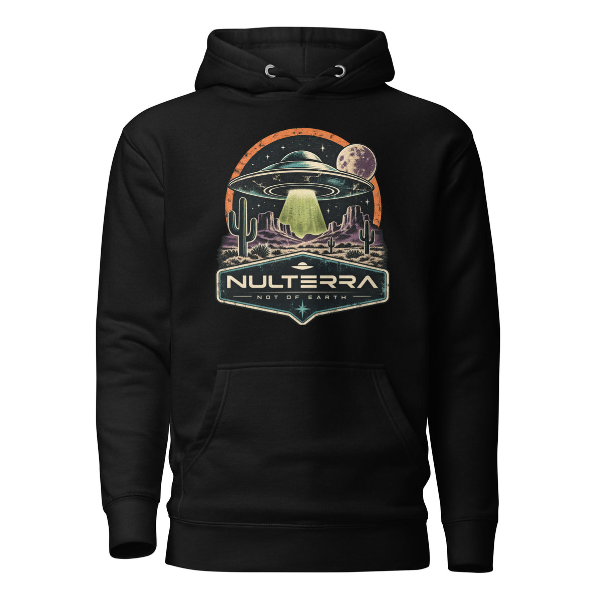 Nulterra Desert Signal UFO Hoodie in black with vintage desert alien spacecraft graphic