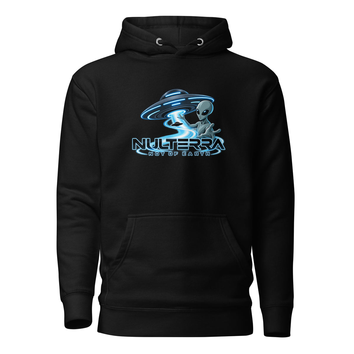 Signal Contact Alien UFO Hoodie in black with Nulterra grey alien and glowing UFO graphic