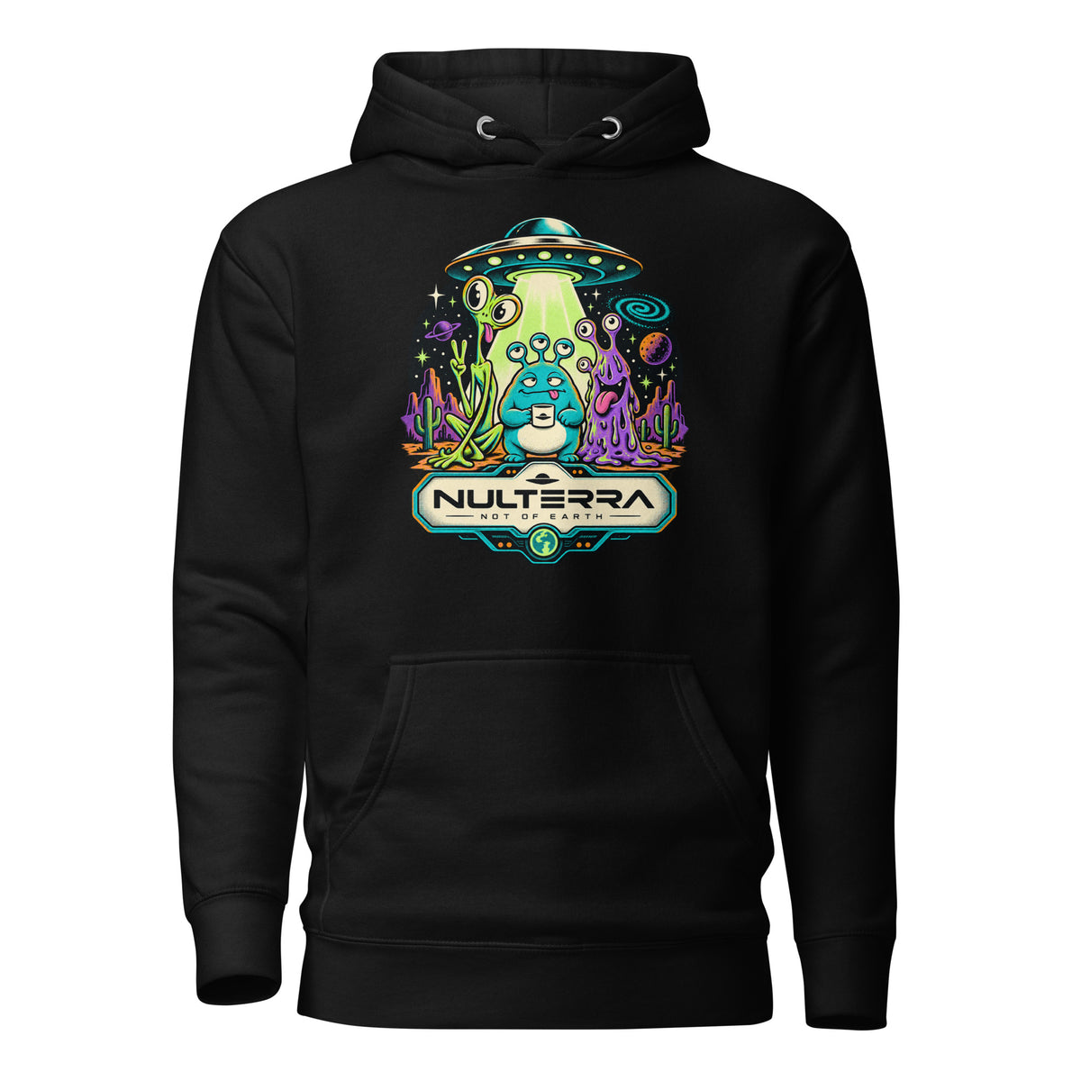 Black Strange Planet Alien UFO Hoodie with colourful retro sci-fi alien landscape and flying saucer graphic