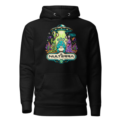 Black Strange Planet Alien UFO Hoodie with colourful retro sci-fi alien landscape and flying saucer graphic