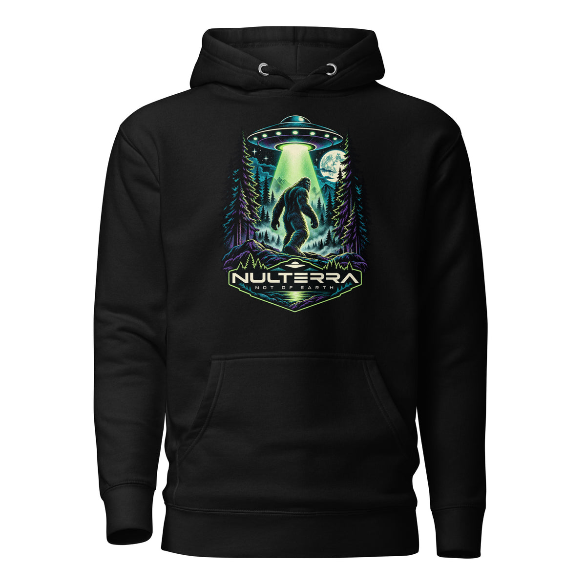 Nulterra Bigfoot Encounter UFO Hoodie in black, front view