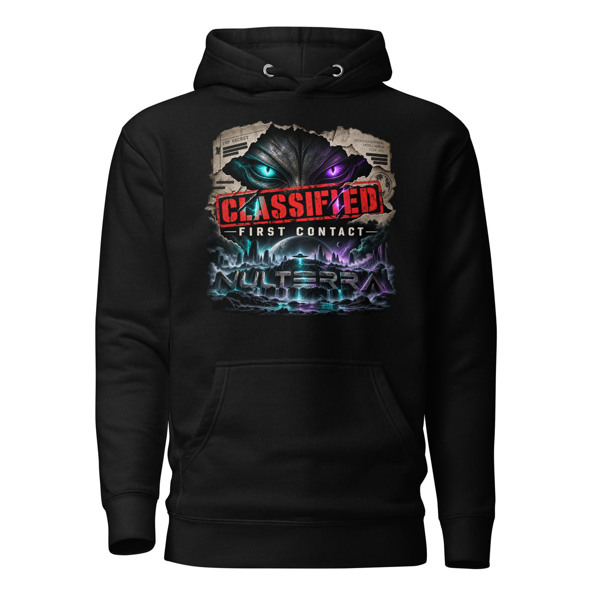 NULTERRA Classified First Contact alien UFO hoodie in black