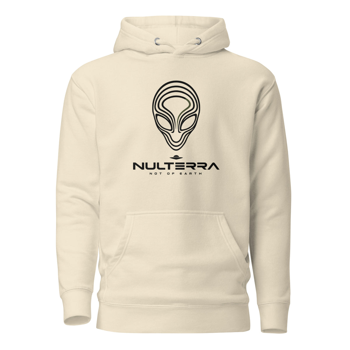 Bone-coloured Alien Echo hoodie with a black line-art alien face and NULTERRA wordmark, front view.