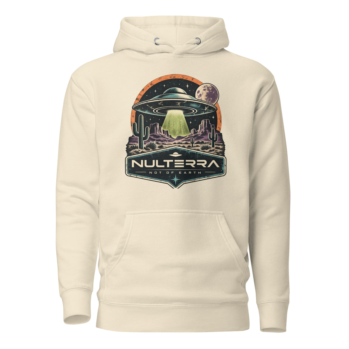 Nulterra Desert Signal UFO Hoodie in bone with retro desert UFO encounter graphic