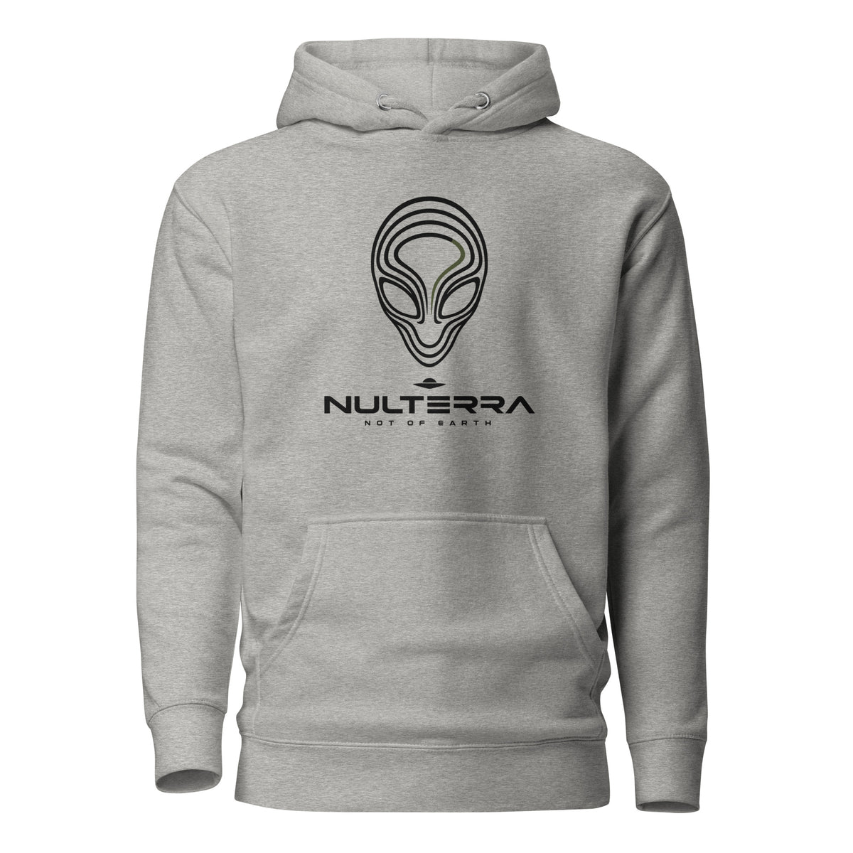 Carbon Grey Alien Echo hoodie with a black line-art alien face and NULTERRA wordmark, front view.