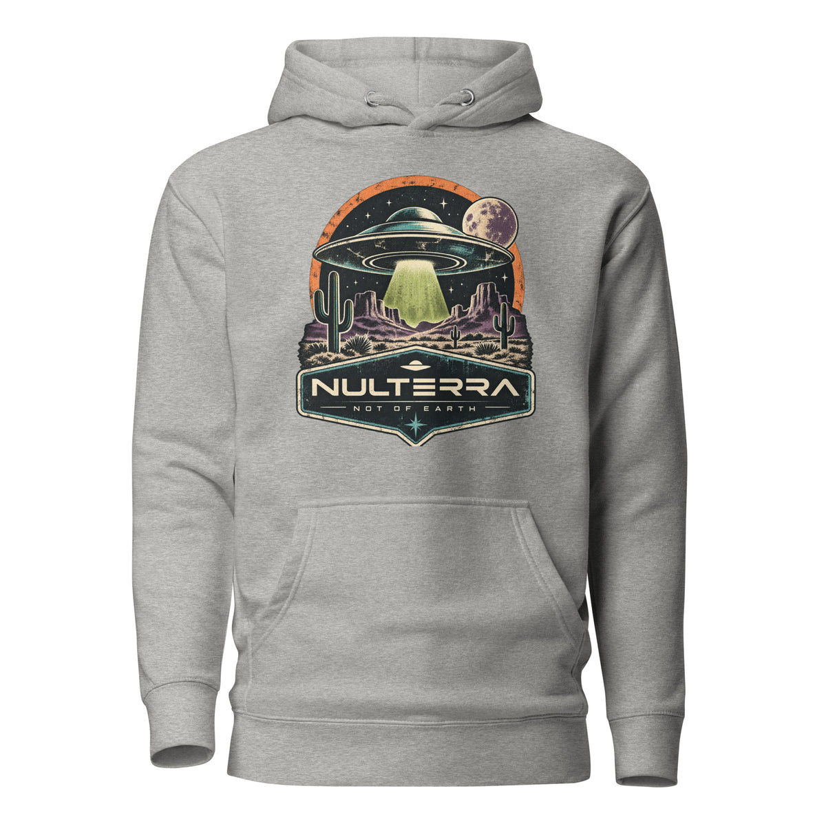 Nulterra Desert Signal UFO Hoodie in carbon grey with vintage alien spacecraft desert graphic