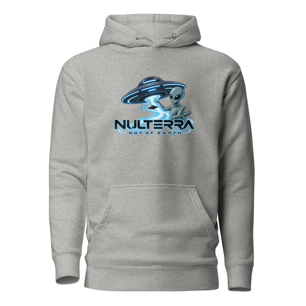 Signal Contact Alien UFO Hoodie in carbon grey with Nulterra grey alien and glowing UFO graphic