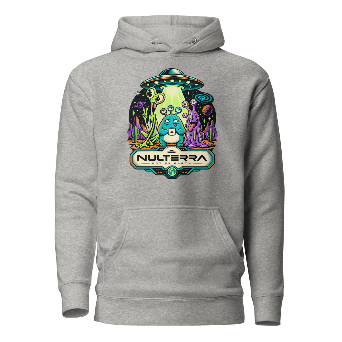 Carbon Grey Strange Planet Alien UFO Hoodie with colourful retro sci-fi alien landscape and flying saucer graphic