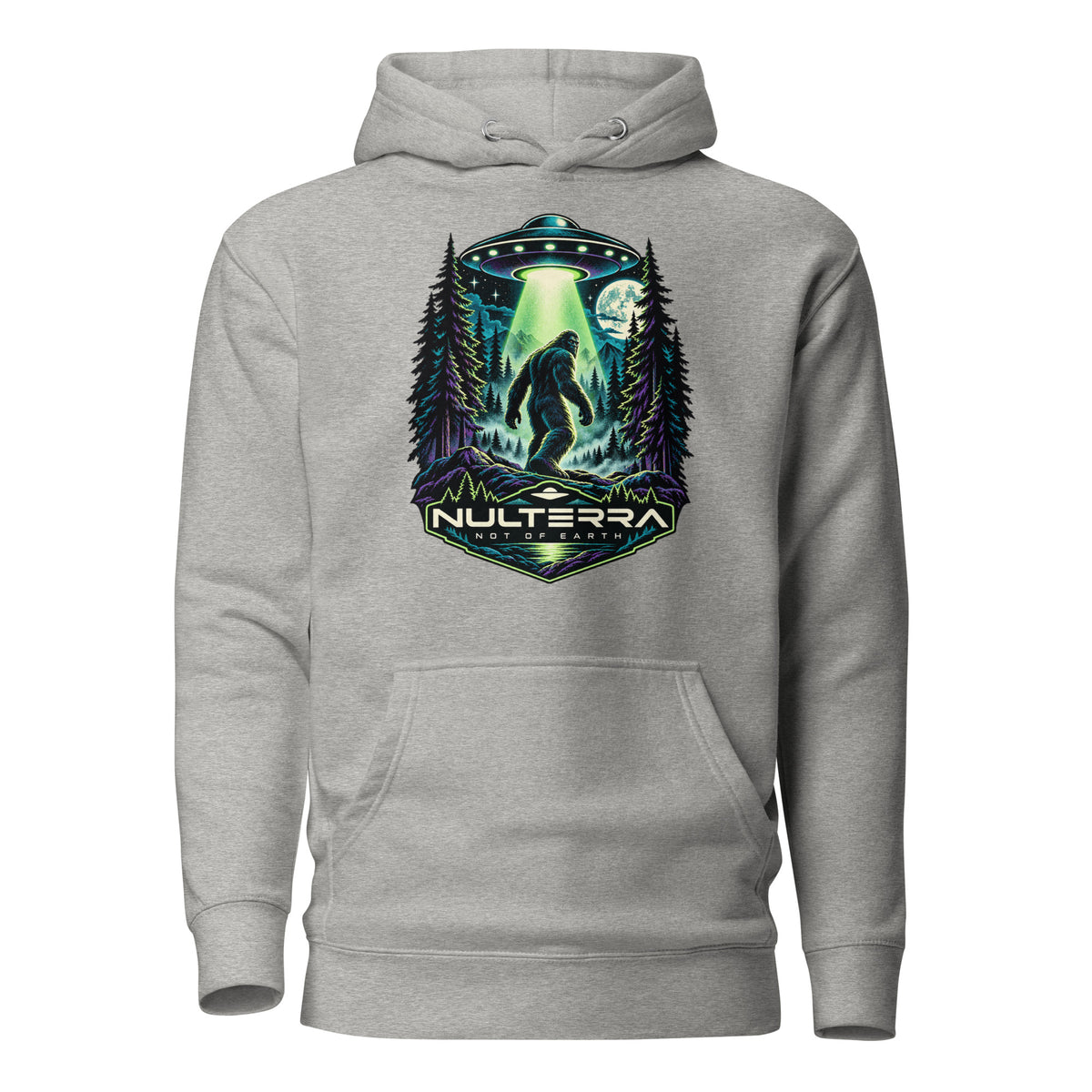 Nulterra Bigfoot Encounter UFO Hoodie in carbon grey, front view