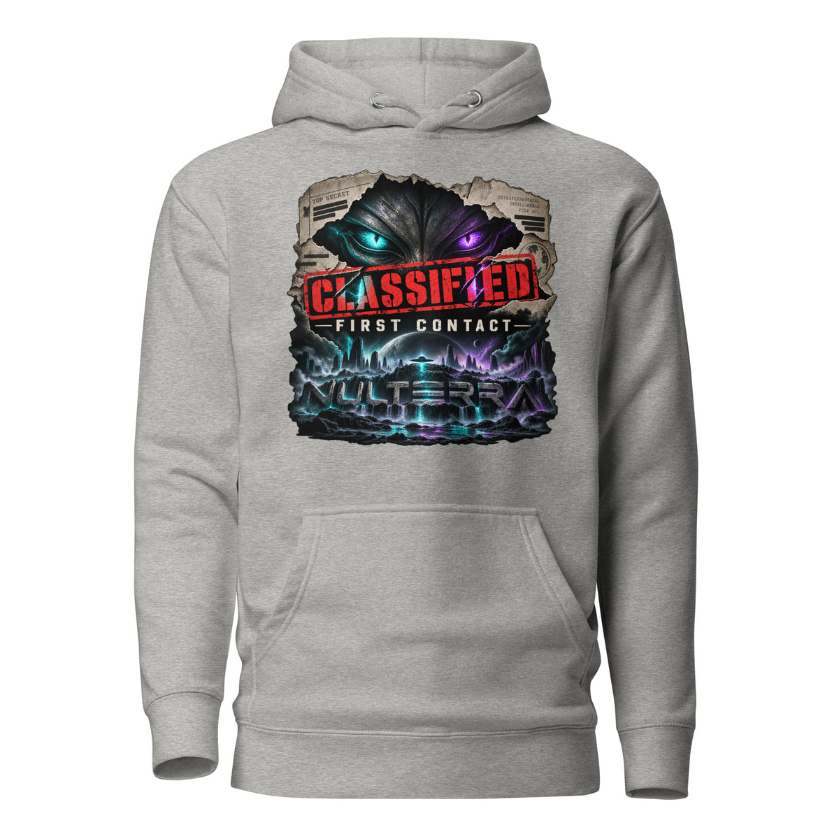 NULTERRA Classified First Contact alien UFO hoodie in carbon grey