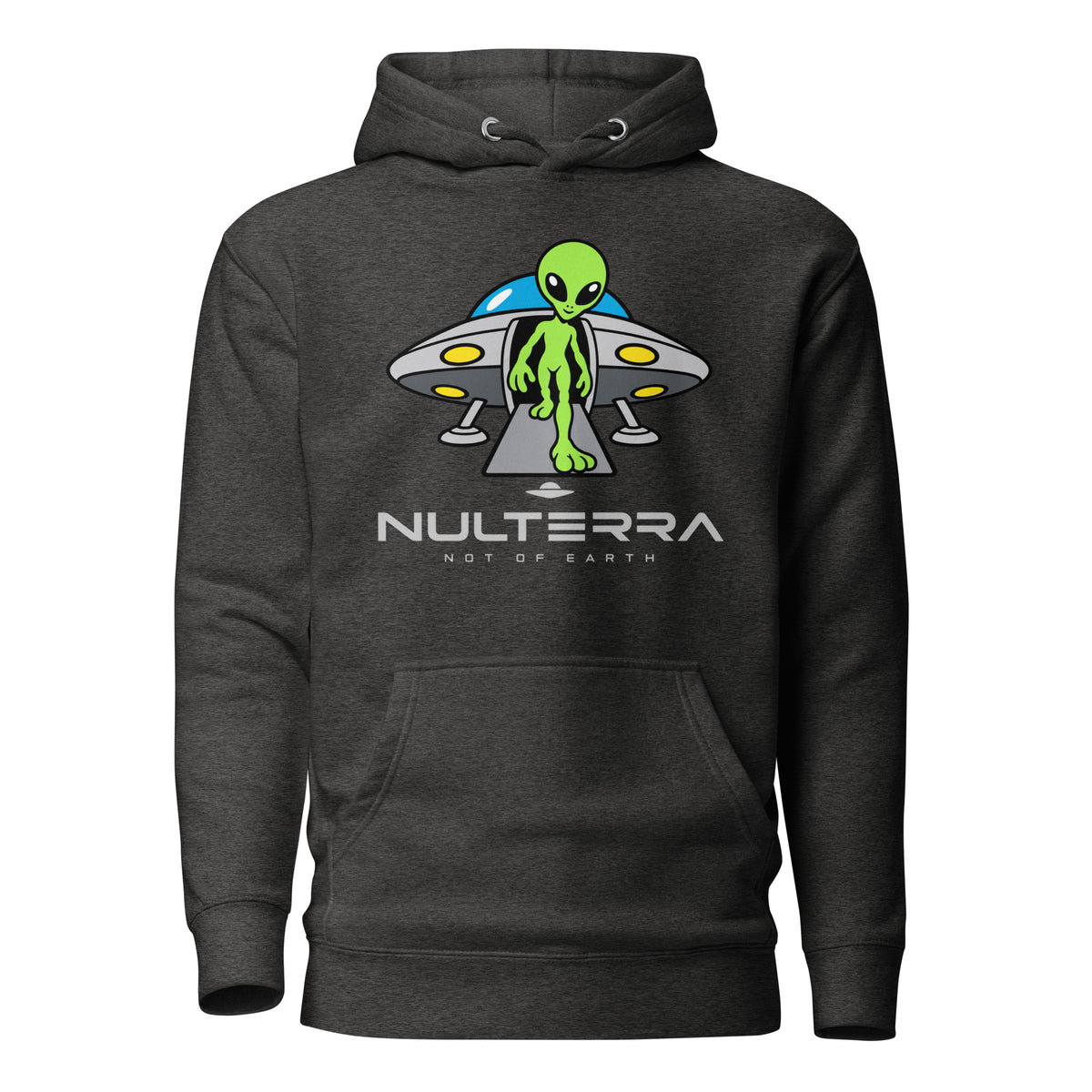 The Arrival Alien Hoodie in charcoal featuring a green alien stepping out of a UFO – Nulterra