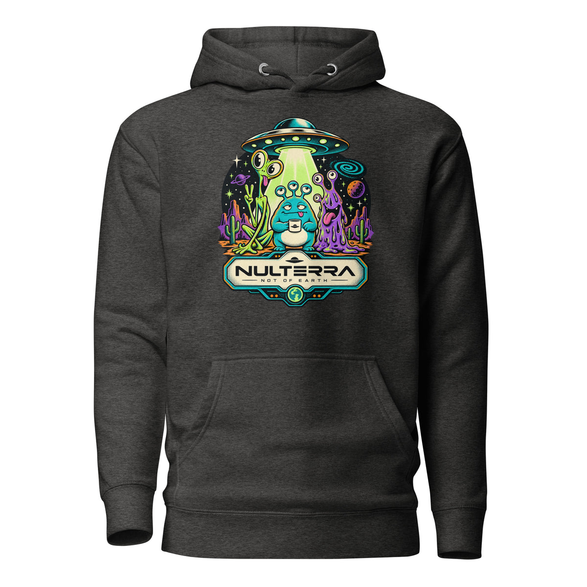 Charcoal Heather Strange Planet Alien UFO Hoodie with colourful retro sci-fi alien landscape and flying saucer graphic