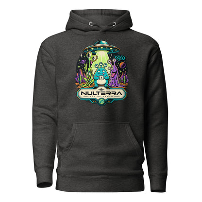 Charcoal Heather Strange Planet Alien UFO Hoodie with colourful retro sci-fi alien landscape and flying saucer graphic