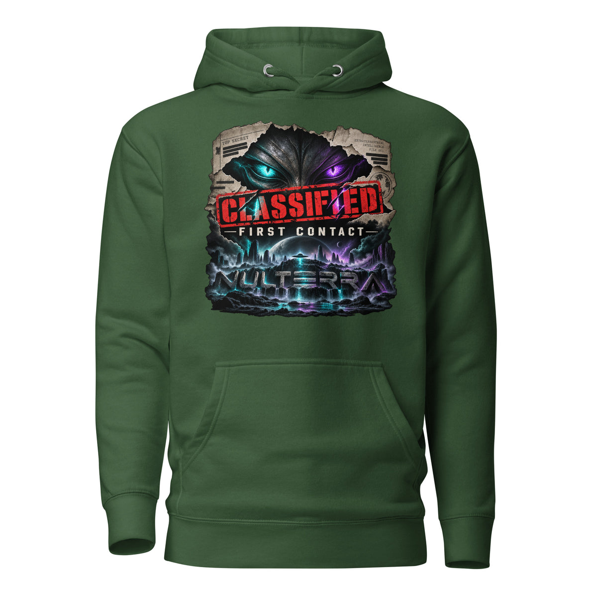 NULTERRA Classified First Contact alien UFO hoodie in forest green