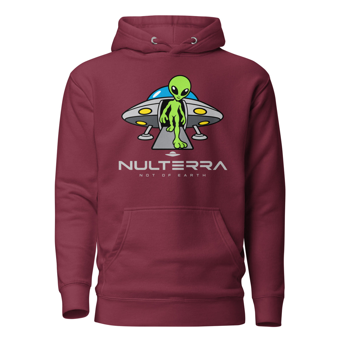 The Arrival Alien Hoodie in maroon featuring a green alien stepping out of a UFO – Nulterra