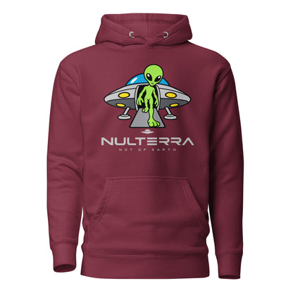 The Arrival Alien Hoodie in maroon featuring a green alien stepping out of a UFO – Nulterra