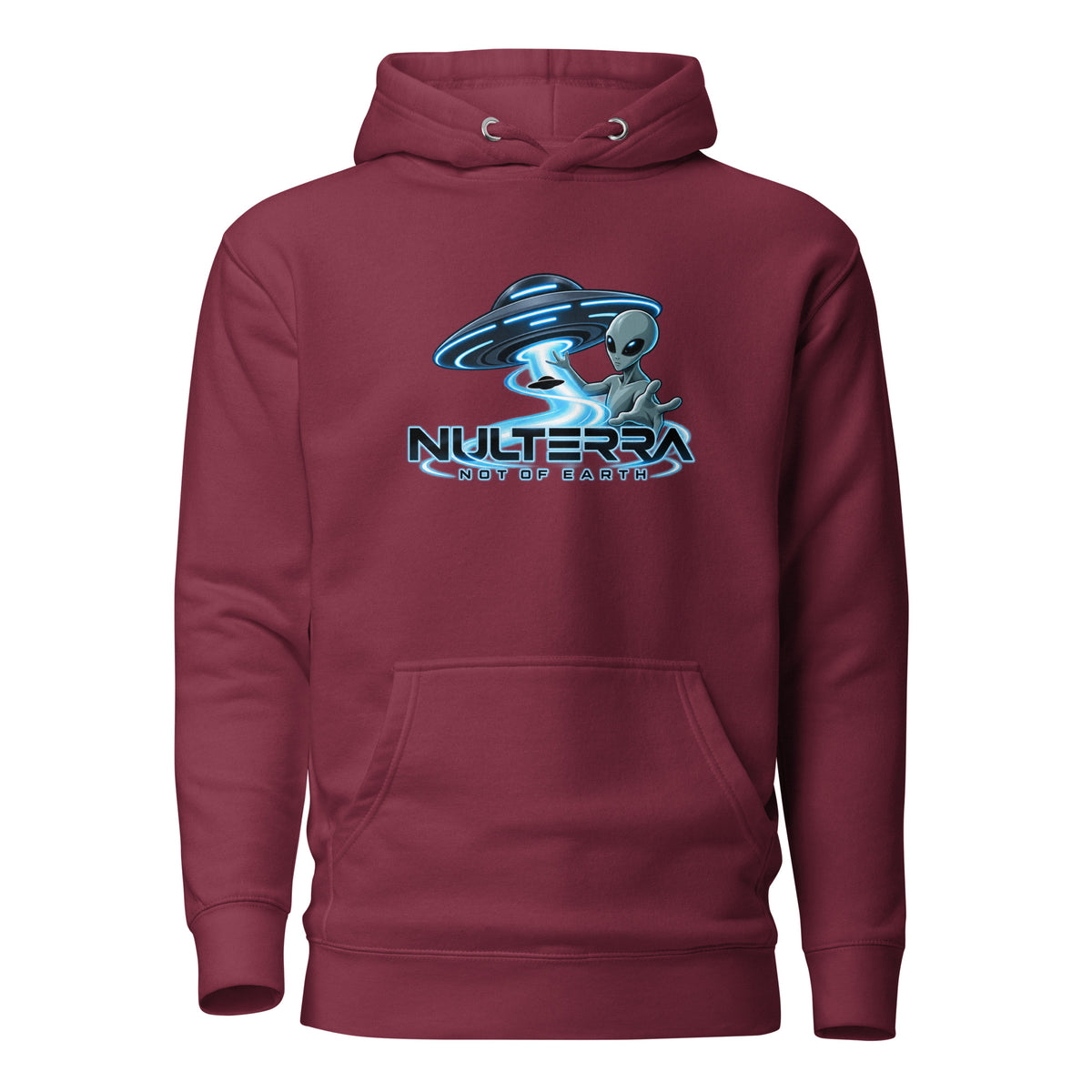 Signal Contact Alien UFO Hoodie in maroon with Nulterra grey alien and glowing UFO graphic