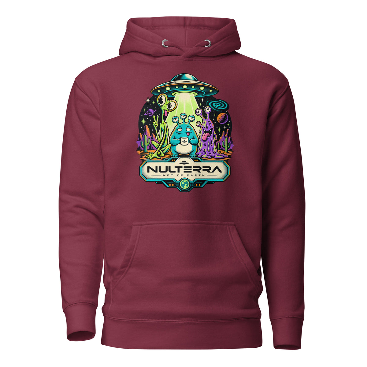 Maroon Strange Planet Alien UFO Hoodie with colourful retro sci-fi alien landscape and flying saucer graphic