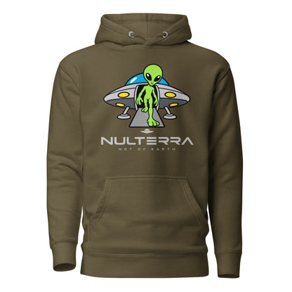 The Arrival Alien Hoodie in military green featuring a green alien stepping out of a UFO – Nulterra