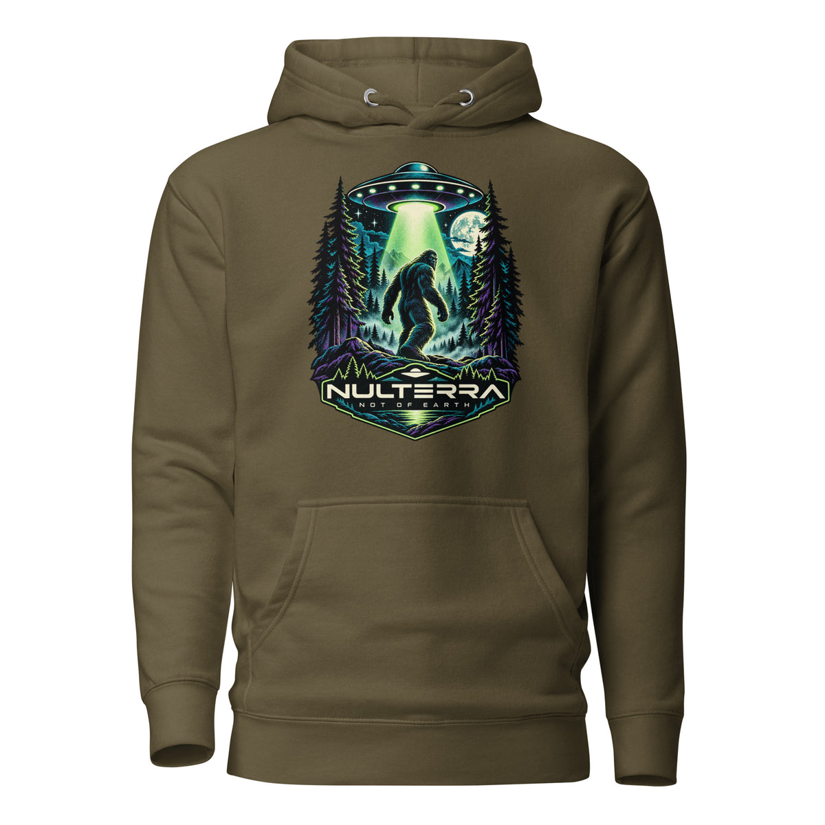 Nulterra Bigfoot Encounter UFO Hoodie in military green, front view