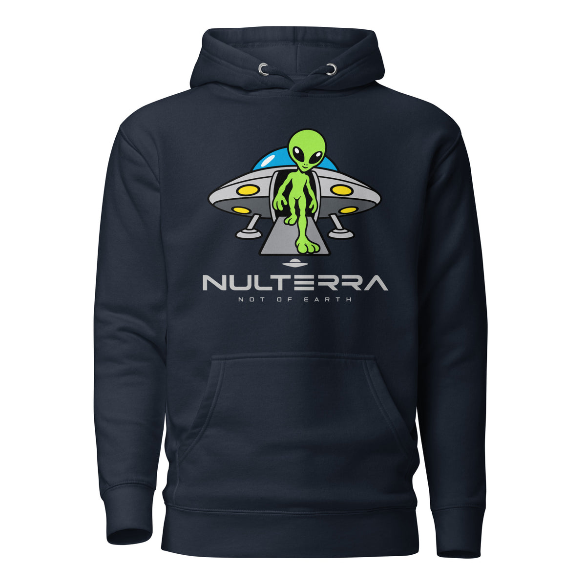 The Arrival Alien Hoodie in navy featuring a green alien stepping out of a UFO – Nulterra