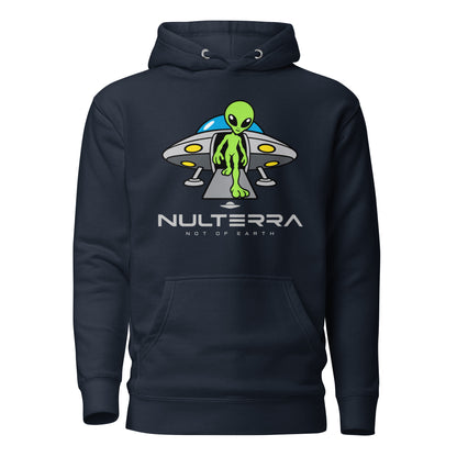The Arrival Alien Hoodie in navy featuring a green alien stepping out of a UFO – Nulterra