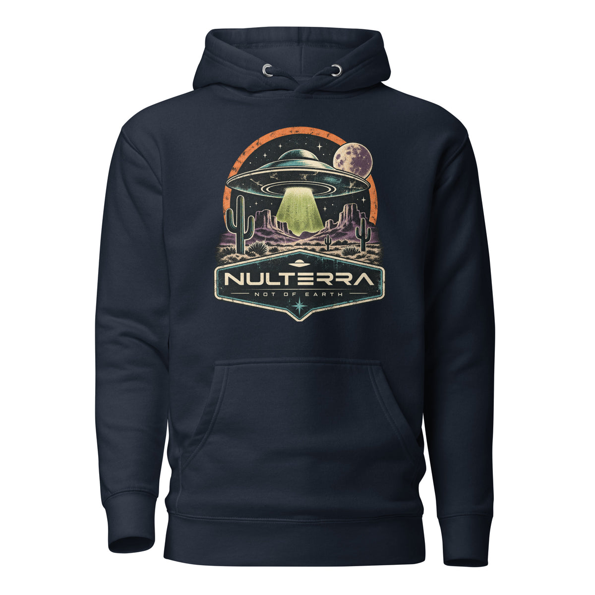 Nulterra Desert Signal UFO Hoodie in navy blue with retro UFO desert encounter graphic