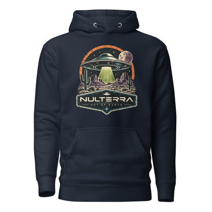 Nulterra Desert Signal UFO Hoodie in navy blue with retro UFO desert encounter graphic