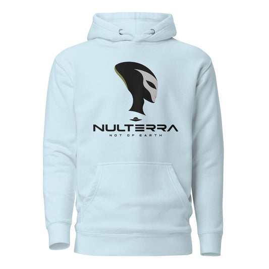 Sky Blue Unknown Profile hoodie with a dark alien side-profile graphic and NULTERRA branding, front view.