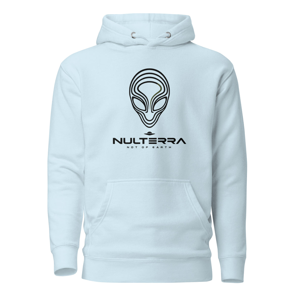 Sky Blue Alien Echo hoodie with a black line-art alien face and NULTERRA wordmark, front view.