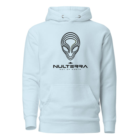 Sky Blue Alien Echo hoodie with a black line-art alien face and NULTERRA wordmark, front view.