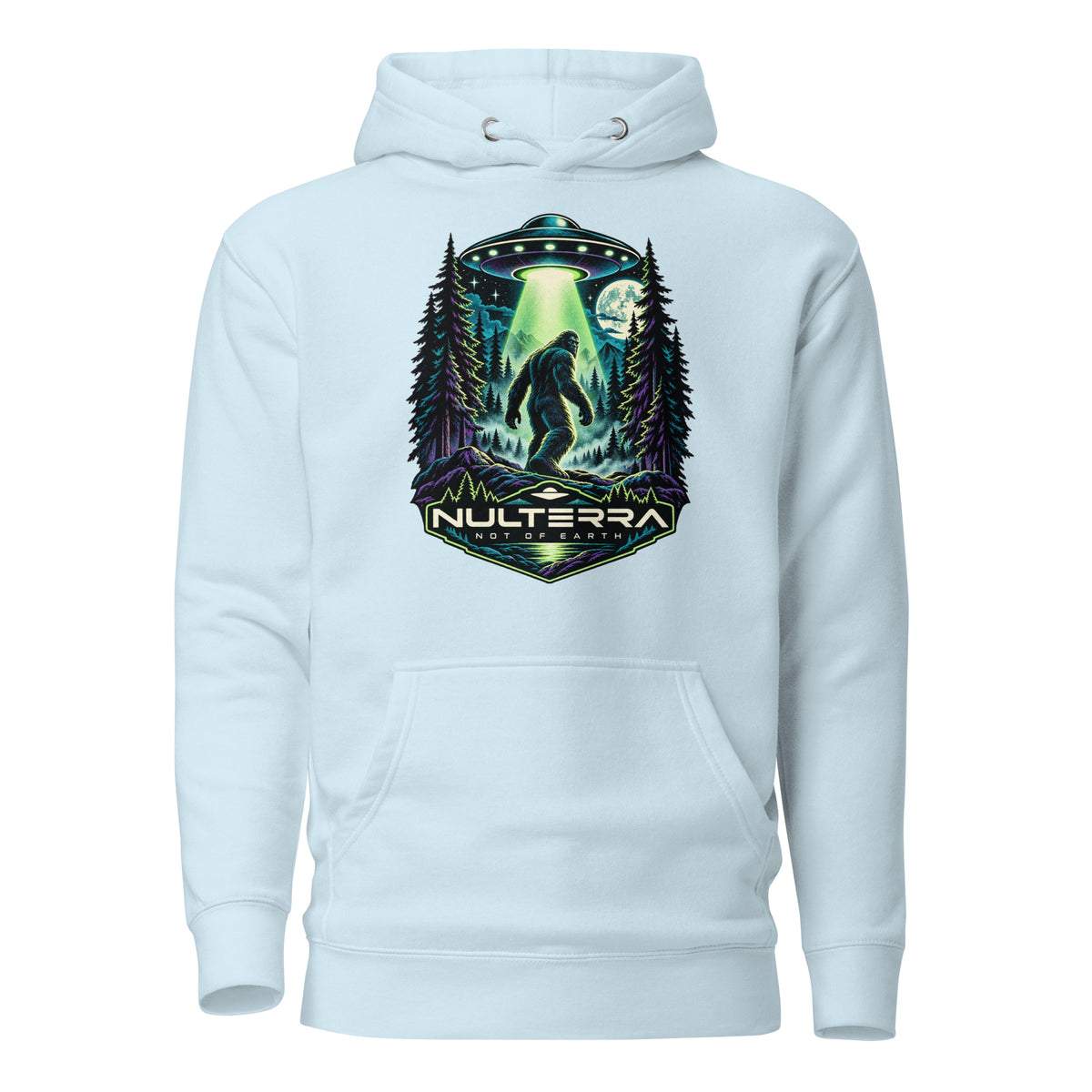 Nulterra Bigfoot Encounter UFO Hoodie in sky blue, front view