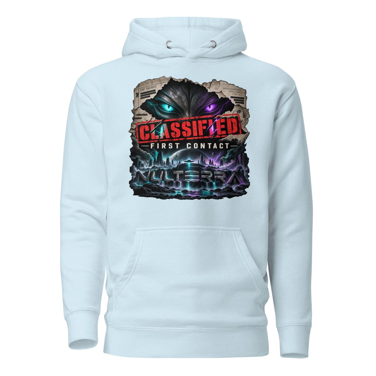 NULTERRA Classified First Contact alien UFO hoodie in sky blue