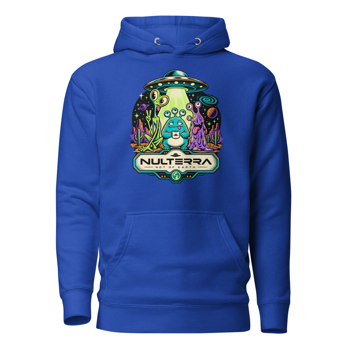 Team Royal Strange Planet Alien UFO Hoodie with colourful retro sci-fi alien landscape and flying saucer graphic