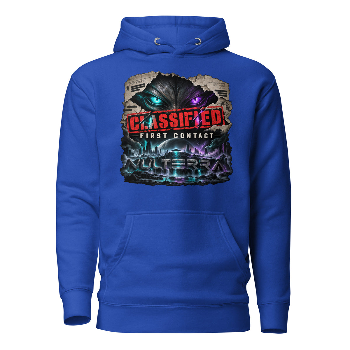 NULTERRA Classified First Contact alien UFO hoodie in royal blue